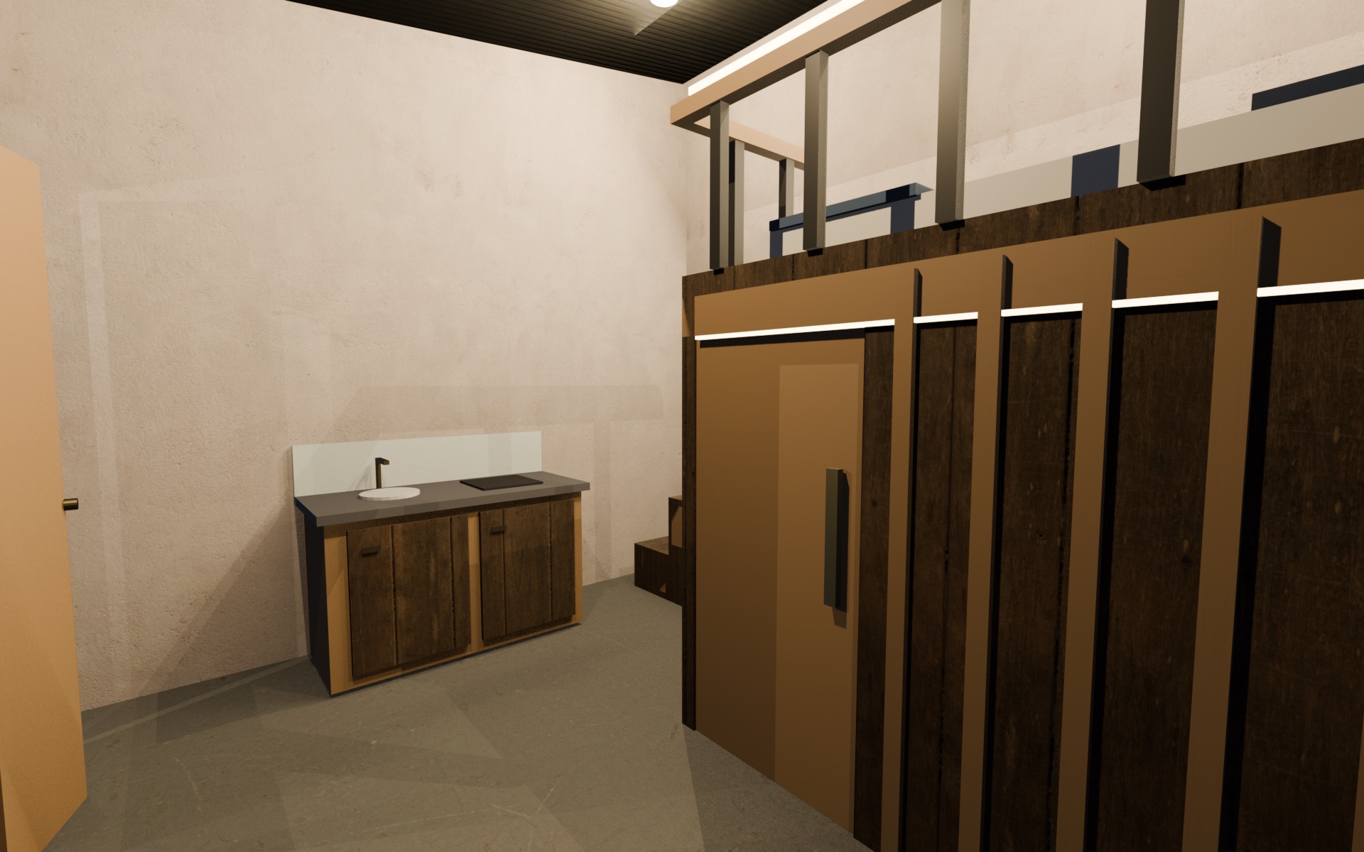 Dapur kering dengan sink dan kompor induksi di dalam unit