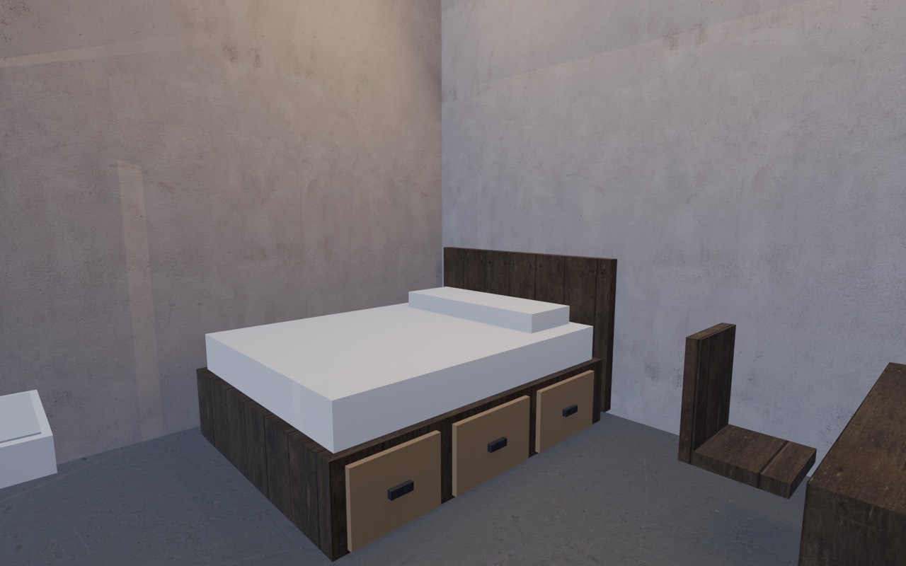 Kamar tidur dengan pencahayaan LED hangat, ranjang berlaci, dan meja kerja
