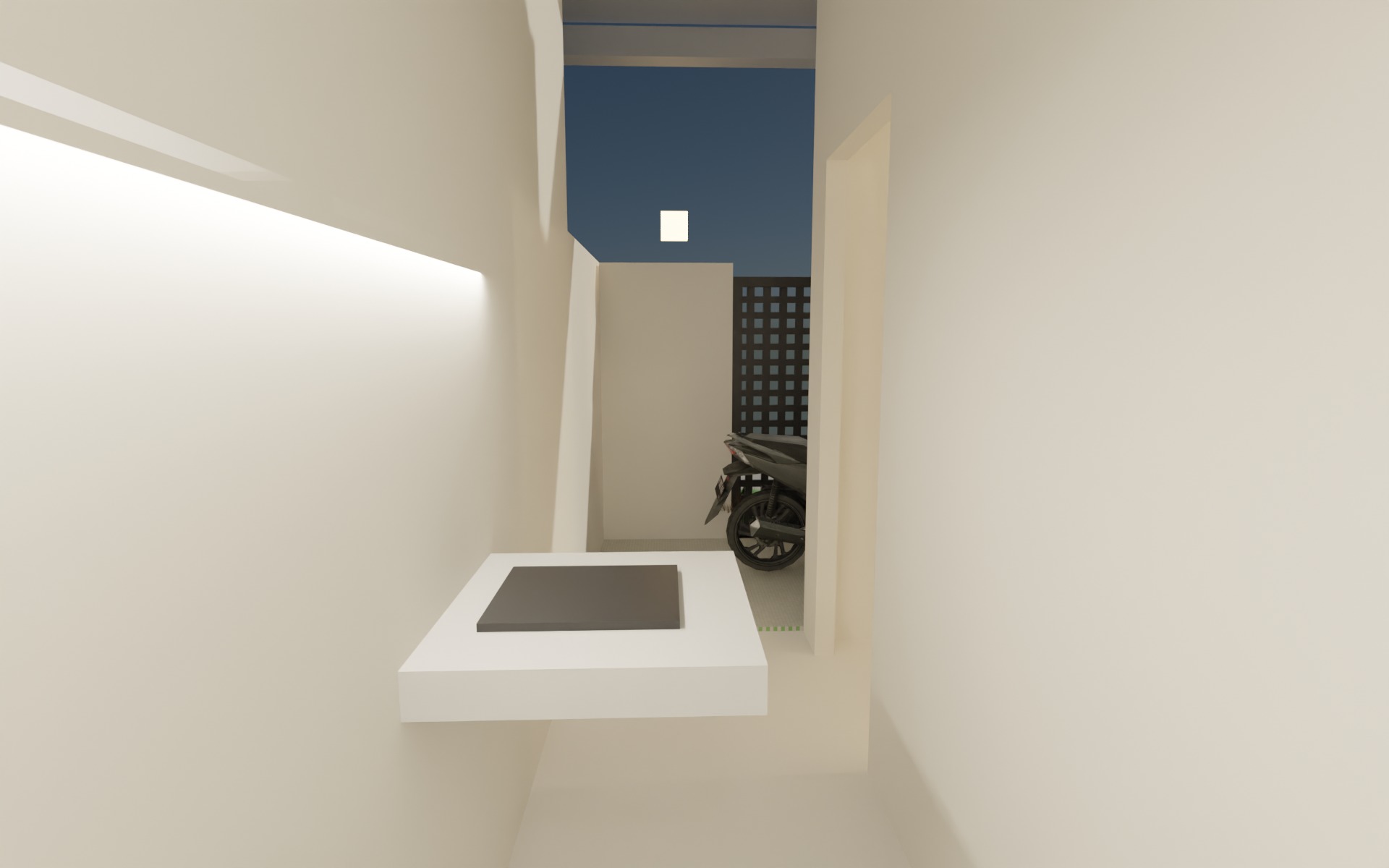Dapur pribadi semi-outdoor dengan slab cor, sink, kompor induksi, dan lampu task di bawah skylight